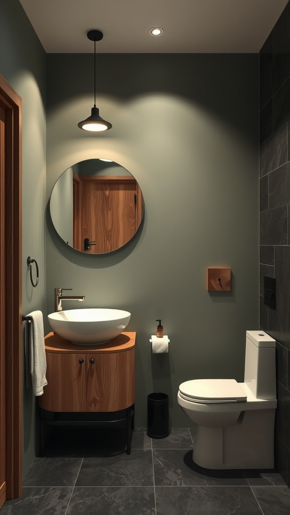 A beautifully designed bathroom featuring sage green walls, natural wood elements in the cabinetry, and modern fixtures.