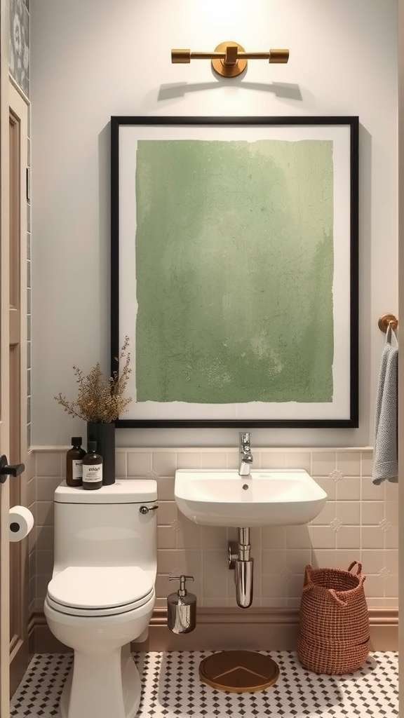 A bathroom with sage green artwork framed in black, featuring a modern sink and decor.