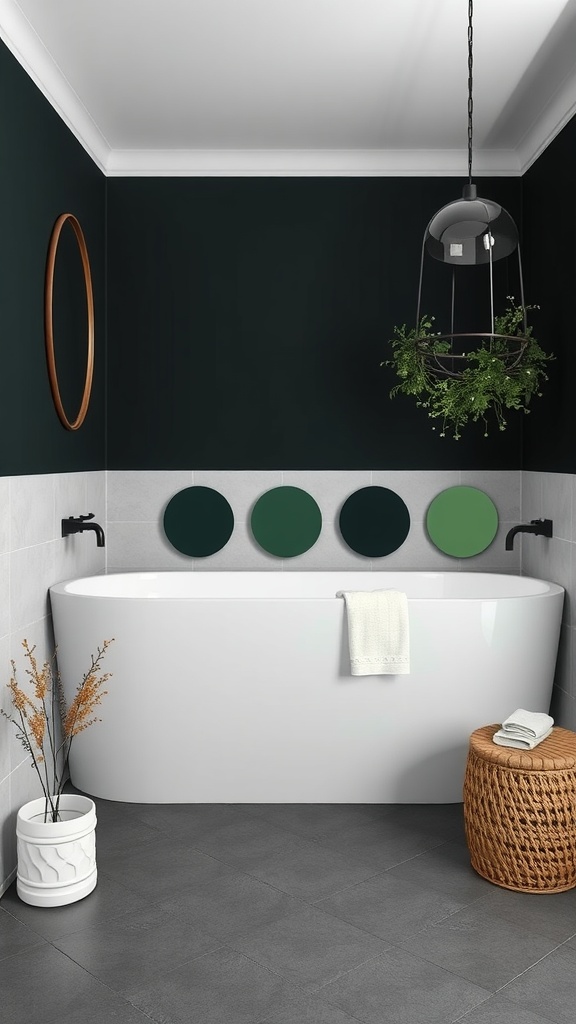 A stylish bathroom featuring sage green and black color swatches on the wall, with a freestanding tub, plants, and decorative elements.