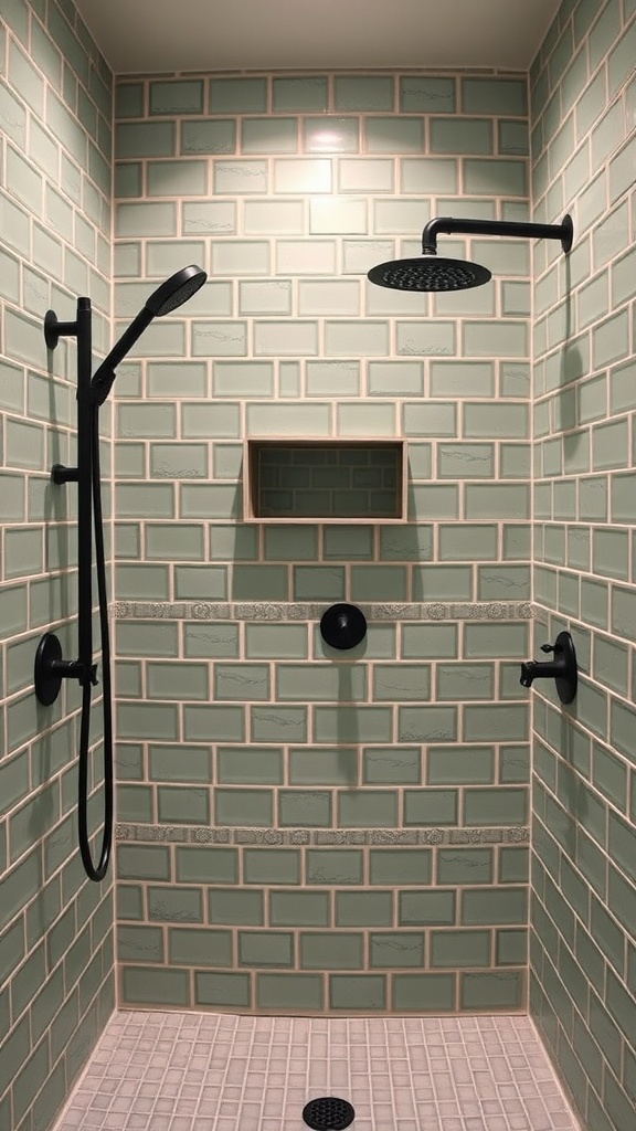 A modern shower with sage green tiles and black fixtures.