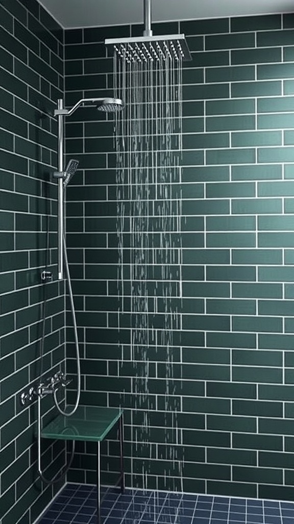 Shower area with dark green tiles and modern fixtures.