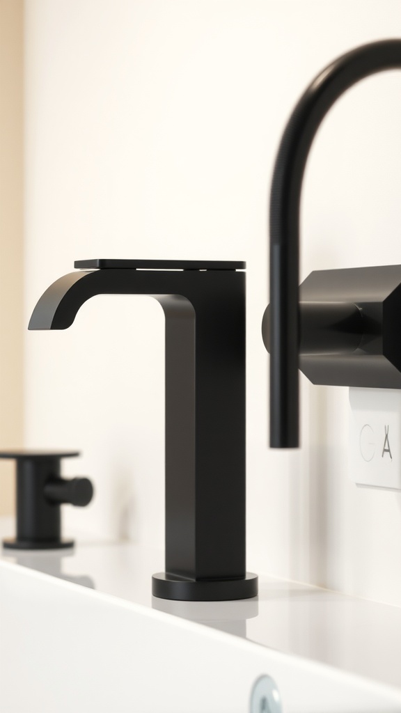 Close-up of sleek black bathroom faucets