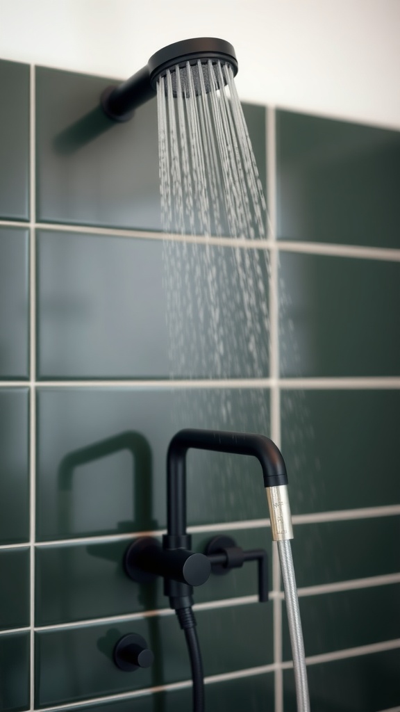 A close-up view of sleek black shower fixtures against dark green tiles.