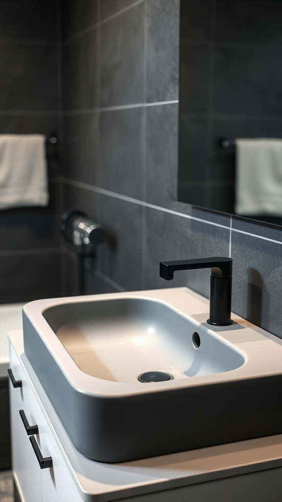 A modern bathroom featuring a sleek grey sink with a black faucet against dark wall tiles.