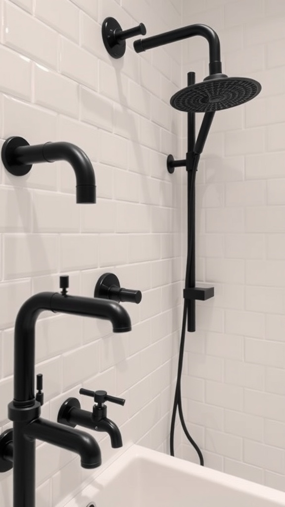 Modern black bathroom fixtures against white tiles