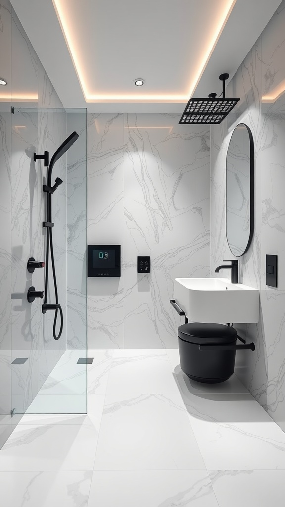 A modern bathroom with luxury black fixtures and smart technology integration.