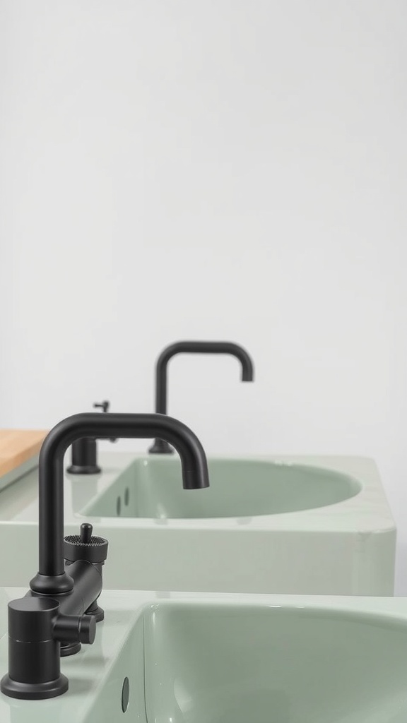 Close-up of black faucets over sage green sinks in a modern bathroom