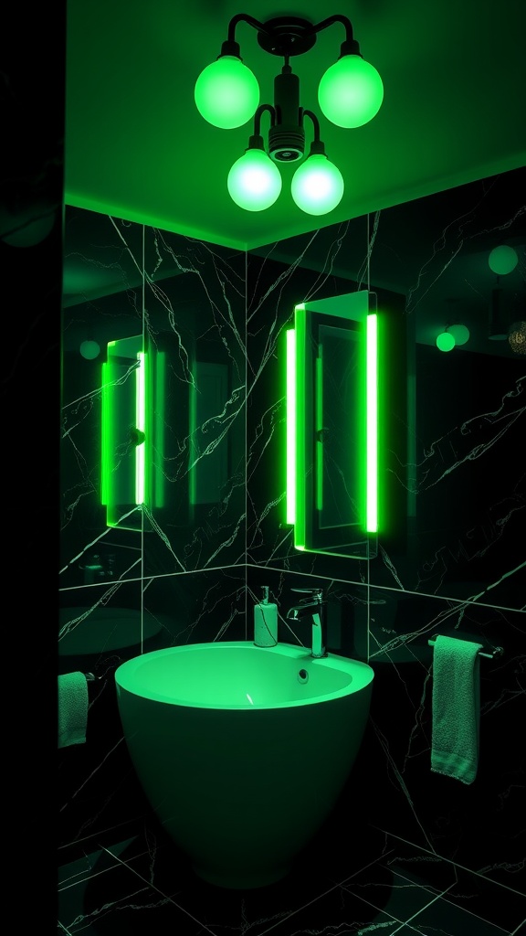 A modern black, white, and green bathroom featuring green lighting fixtures and a round bathtub.