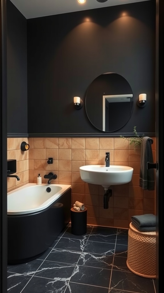 A modern bathroom featuring a black and tan color palette with a bathtub, sink, and stylish fixtures.