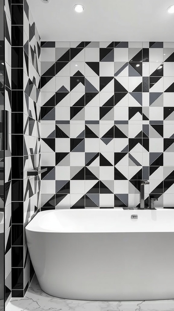 A modern bathroom featuring striking black and white geometric wall tiles with a freestanding bathtub.