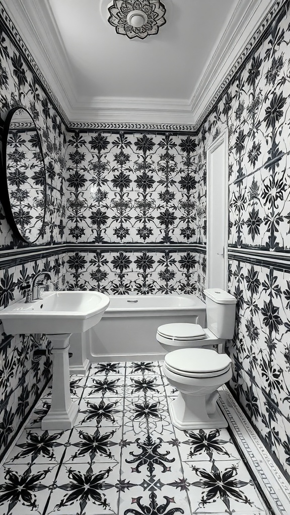 A black, white, and grey tiled bathroom with floral patterns on walls and floor.