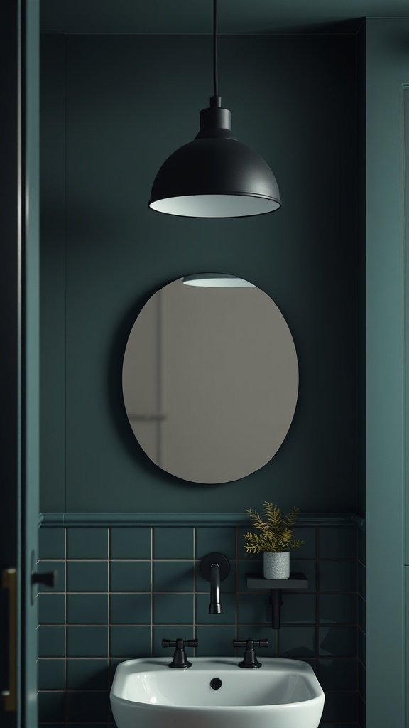 A dark green bathroom with a black pendant light above a white sink, featuring a round mirror and a small plant.