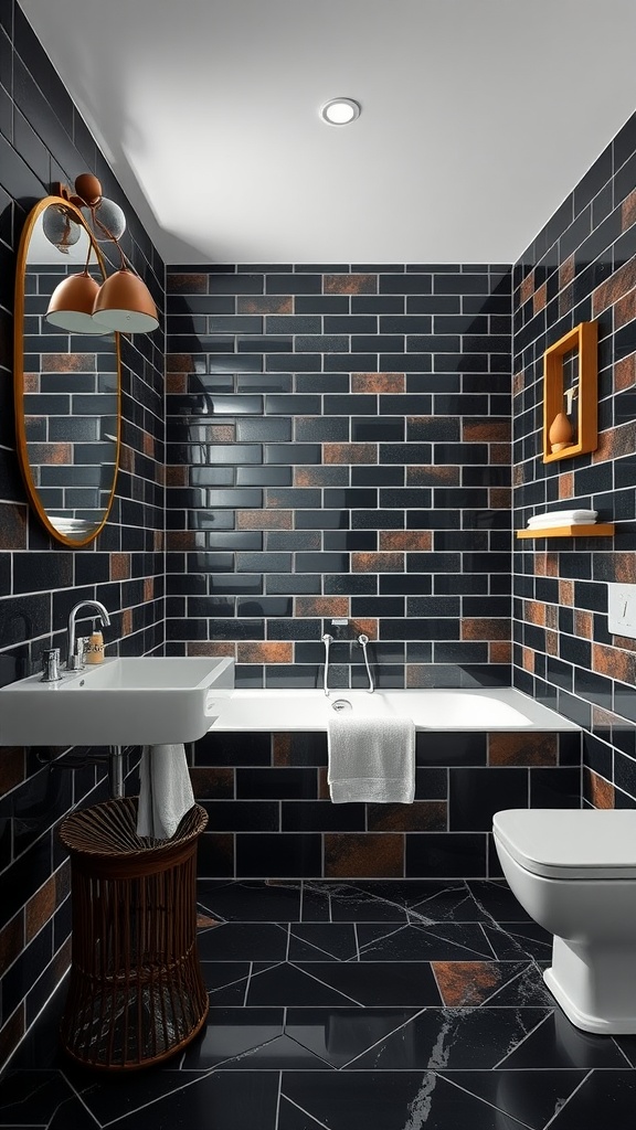 A modern bathroom featuring black tiles with tan accents, a sleek sink, and contemporary lighting.