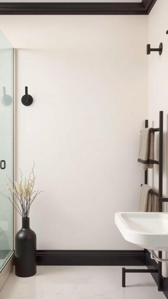 Black towel racks in a modern cream bathroom with a vase of flowers