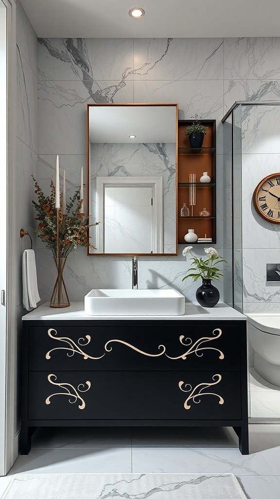 A stylish black vanity unit in a modern bathroom with decorative elements.