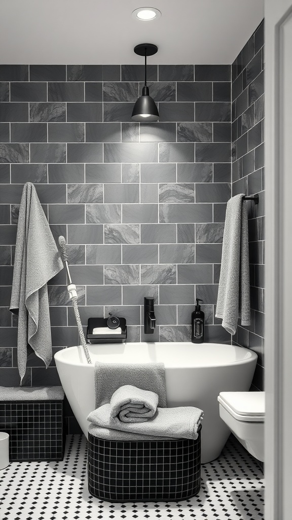 Stylish grey bathroom featuring modern accessories, elegant lighting, and a sleek bathtub.