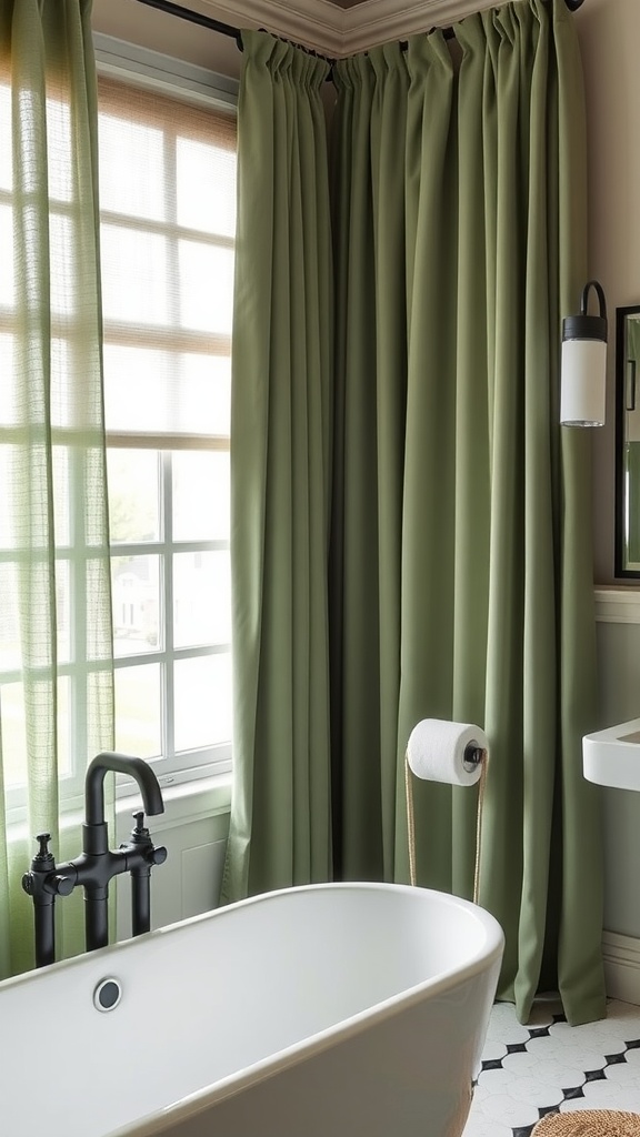 A bathroom featuring sage green window treatments, with curtains and a roller shade that complement the decor.