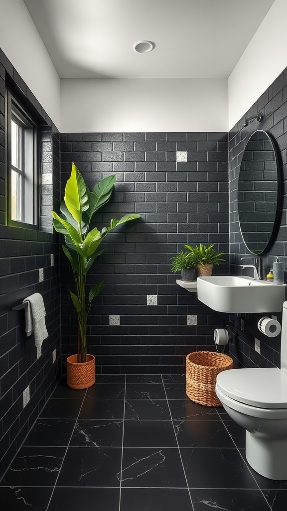 A modern bathroom featuring black grout with black tiles, plants, and a white sink.