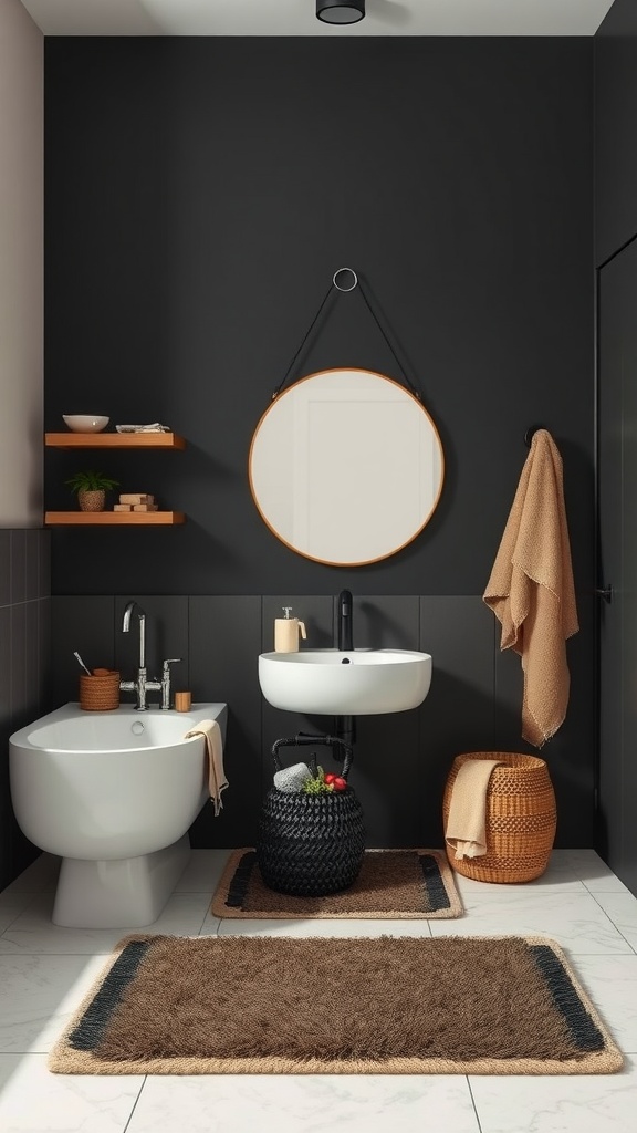 A stylish black and tan bathroom featuring a bathtub, sink, and decorative textiles.