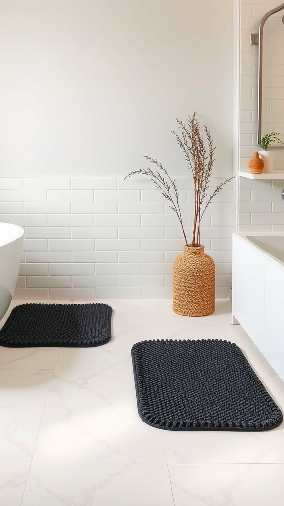 Two textured black bath mats on a light tiled bathroom floor, with a woven basket and plants in the background