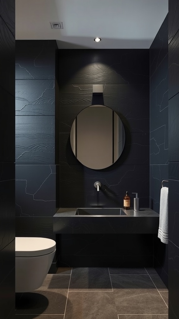 A luxurious bathroom featuring textured black wall panels with modern fixtures.