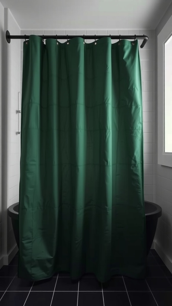 Textured dark green shower curtain in a modern bathroom setting