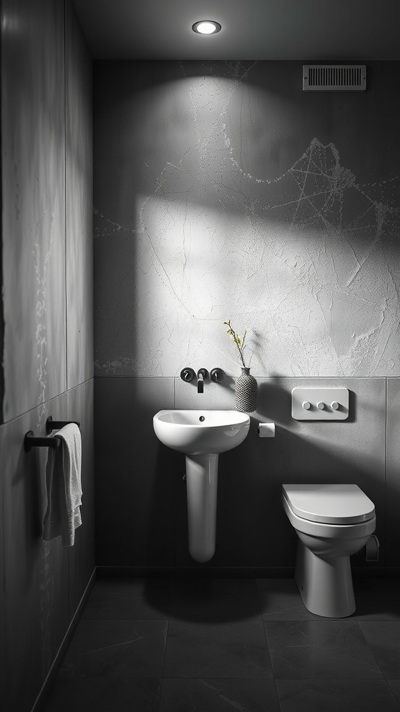 A minimalist bathroom featuring textured grey walls, a white sink, and a toilet, highlighted by soft lighting.