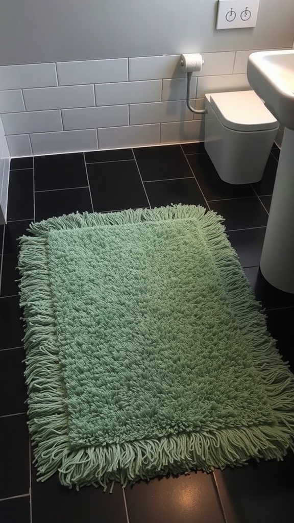 A textured sage green rug placed on black tiled bathroom floor.