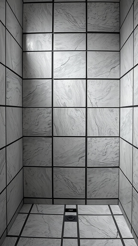 A bathroom shower with textured tiles and black grout.