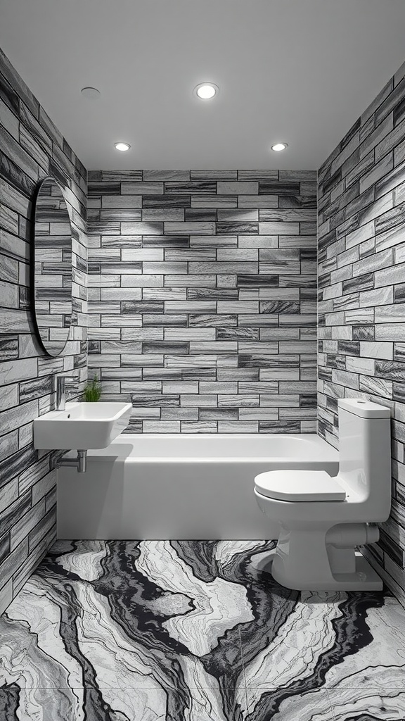 A modern bathroom featuring black grout tiles and marble-like flooring, showcasing sleek design.