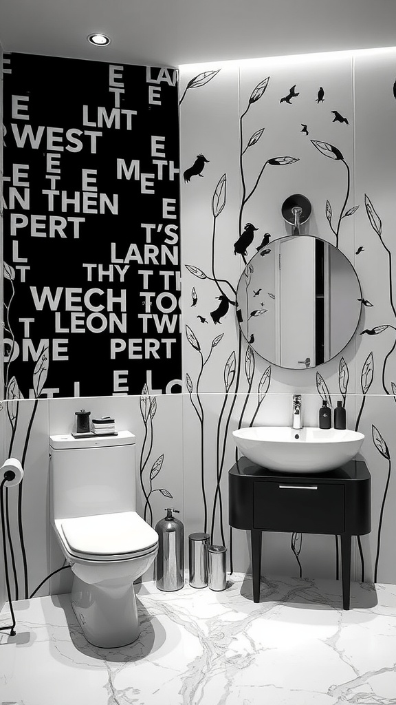 Black and white bathroom featuring unique artwork on the walls with birds and leaves design.