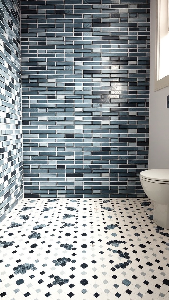 A stylish bathroom with unique black and white mosaic tiles on the floor and blue rectangular tiles on the wall, featuring a toilet in the corner.