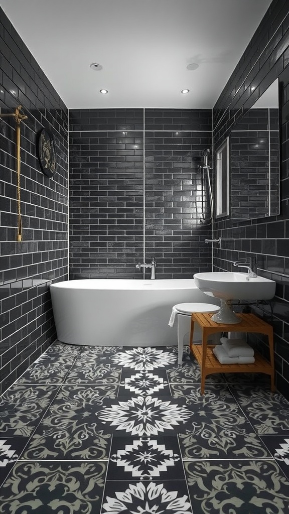 A luxurious bathroom featuring black tile walls and a patterned black and white floor, showcasing a modern tub and sink.