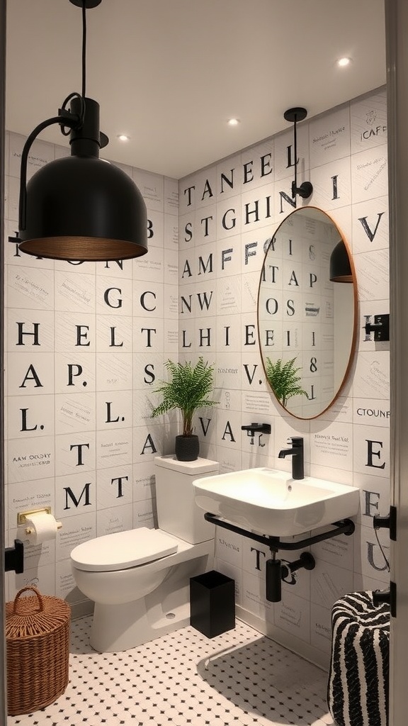 A luxurious bathroom featuring unique black lighting fixtures, a round mirror, and stylish wall design.