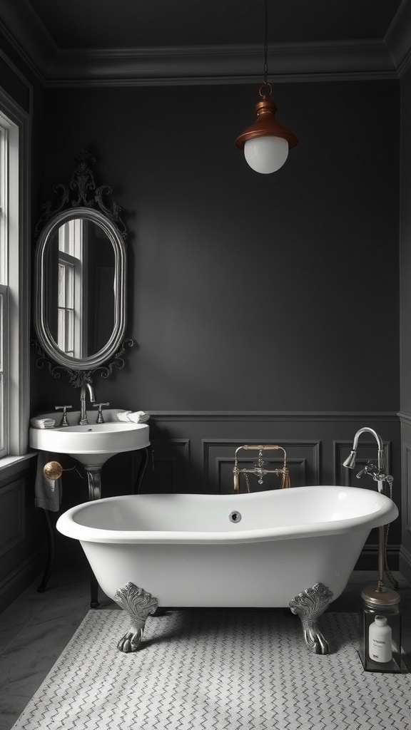 Vintage black and white bathroom featuring clawfoot tub, ornate mirror, and modern light fixture.