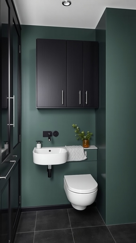 Modern dark green bathroom featuring wall-mounted black cabinets