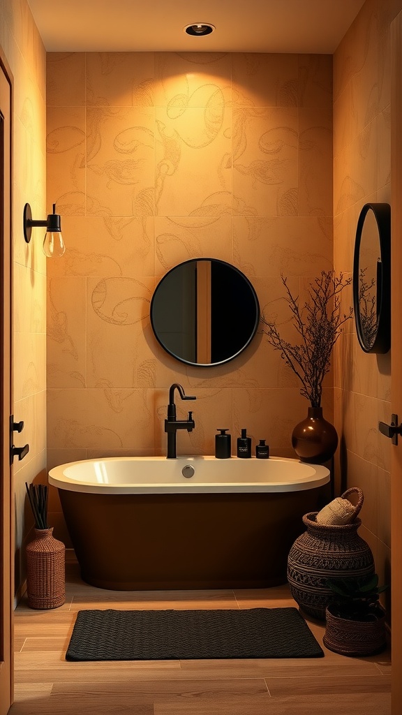 A beautifully designed bathroom featuring warm tan walls, a modern black bathtub, and stylish decor.