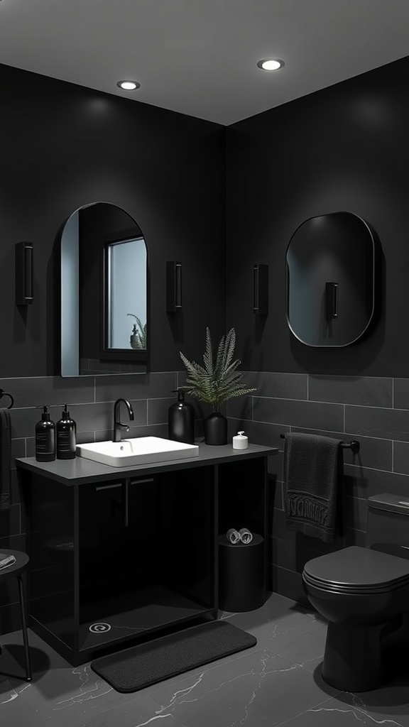 A modern matte black bathroom featuring sleek fixtures and stylish accessories.