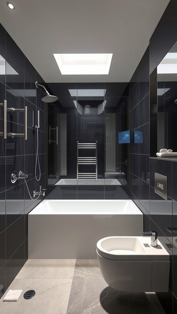 Modern black mirror bathroom with sleek fixtures and a minimalist design