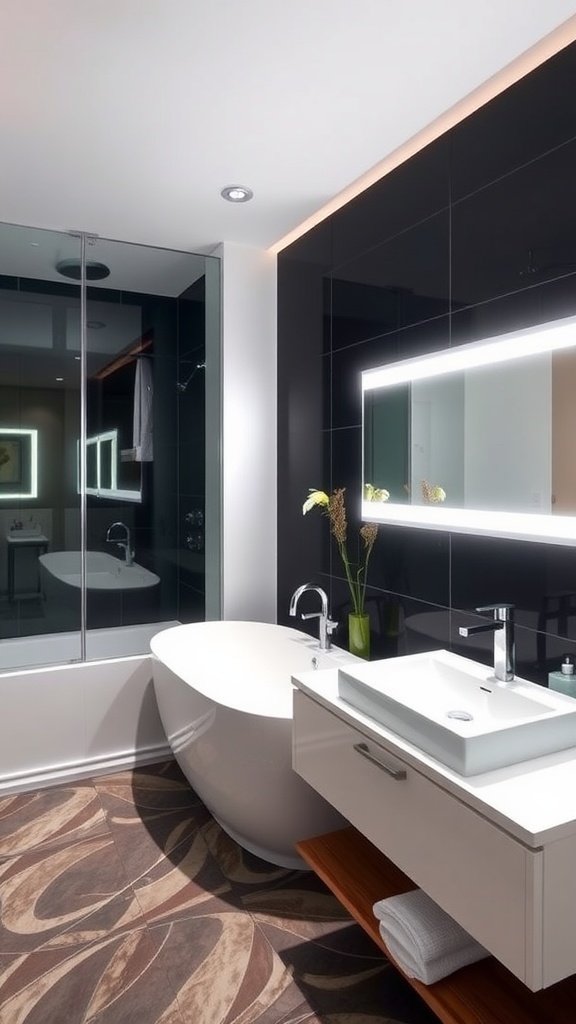 Modern bathroom with ambient lighting, featuring a bathtub, sink, and large mirror.