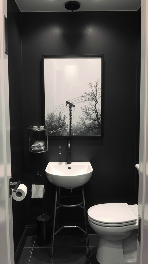 A stylish bathroom with black walls, featuring a black and white artwork of a landscape.