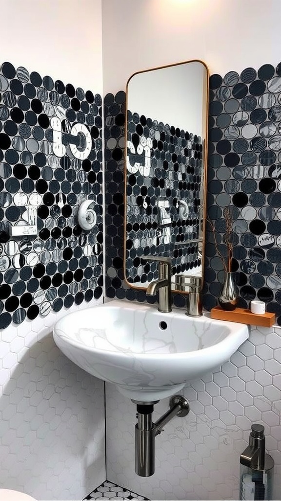 A stylish bathroom featuring a white sink, black and white penny tile, and a mirror.