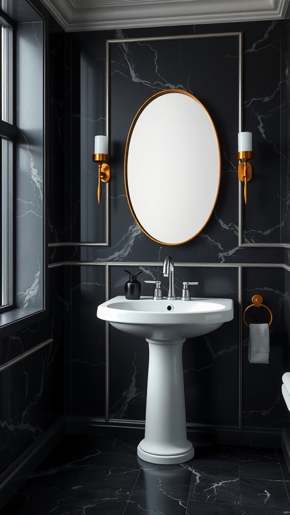 A stylish modern bathroom featuring a wall-mounted sink, dark marble walls, and elegant lighting.