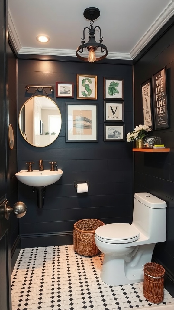 A stylish black shiplap bathroom featuring artistic wall decor, including framed pictures, a round mirror, and unique lighting.