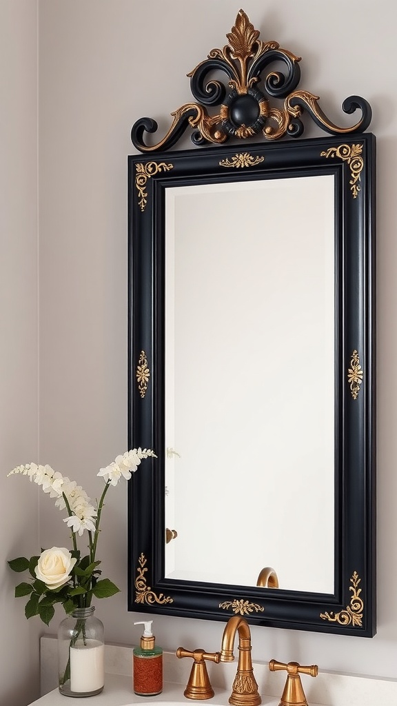 A decorative black and gold mirror in a bathroom with flowers and stylish accessories