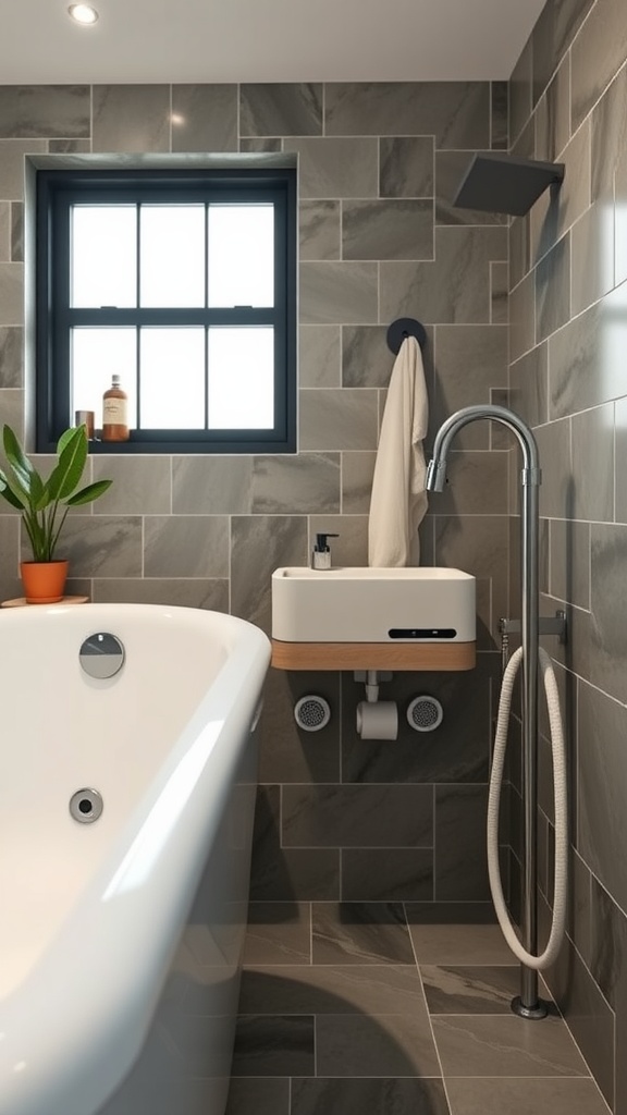 A modern bathroom with Bluetooth-enabled sink and speakers, featuring a stylish bathtub and natural light from the window.