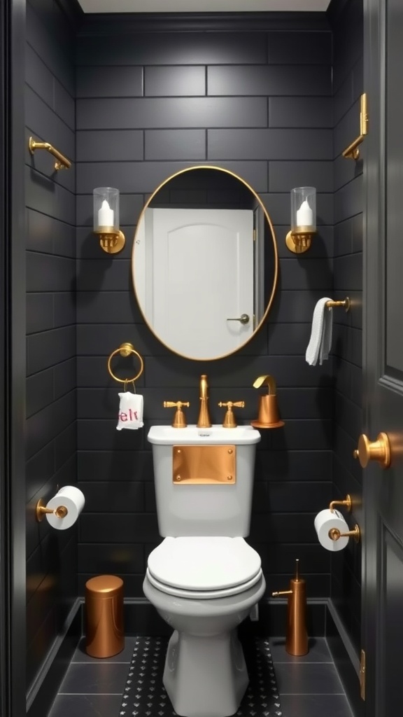 A small bathroom with black shiplap walls and gold accents, featuring a round mirror, gold fixtures, and stylish accessories.