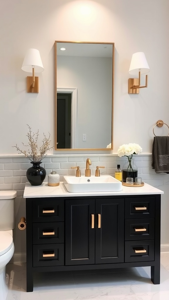 A stylish black bathroom vanity with gold accents, featuring a white sink, gold faucets, and decorative elements.