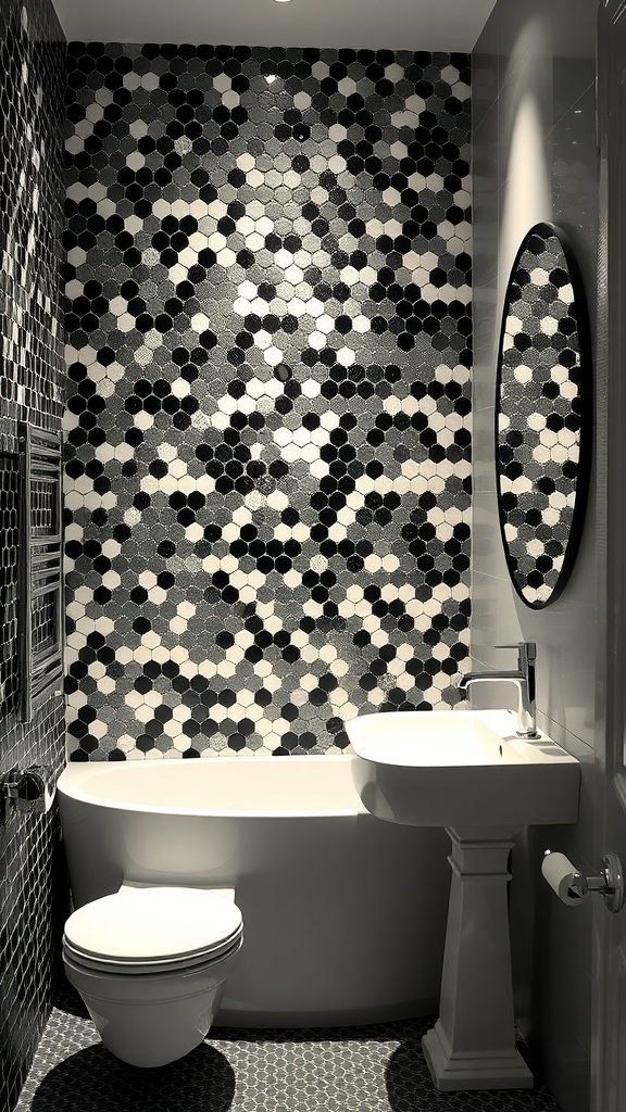 A black and white penny tile bathroom featuring a bold mosaic wall art with hexagonal tiles.