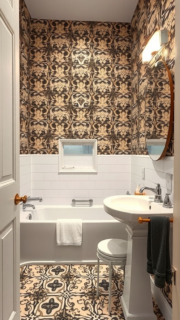 Bathroom with bold black and brown patterned wallpaper, white tiles, and a round mirror.